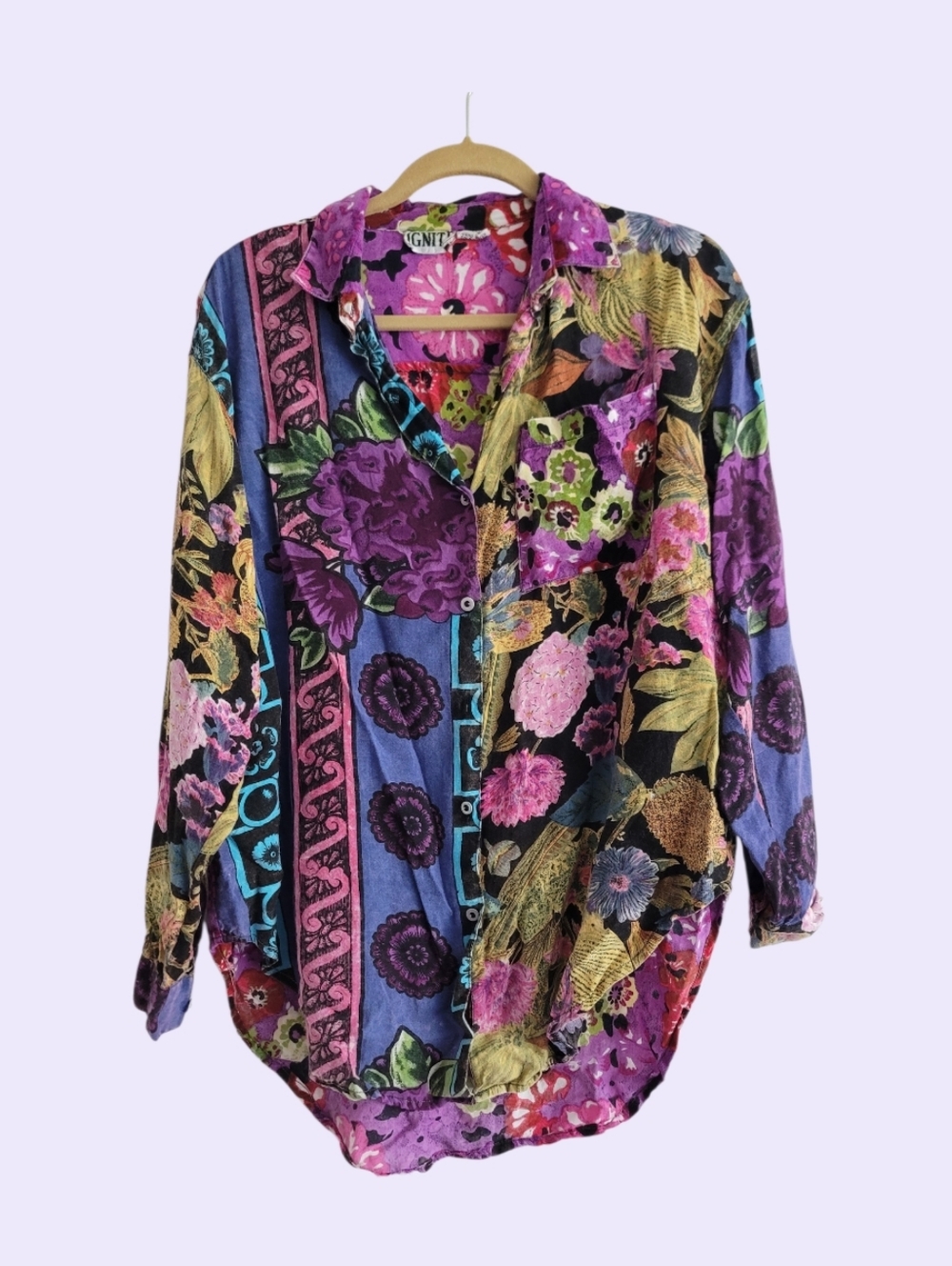 VTG Floral Button Up Patchwork Print Women Rayon Shirt 80s 90s